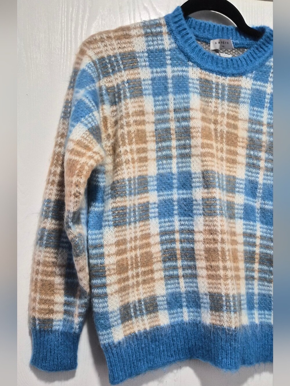 Sandro Womens Poesa Blue Plaid Mohair Blend Crewneck Sweater Size 1 - Picture 4 of 10